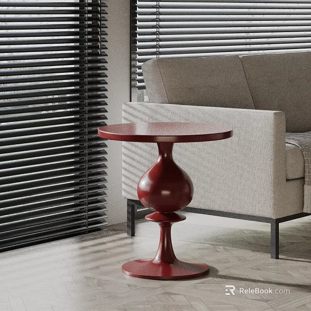 Red Side Table with Round Top Pedestal Base in Interior with Sofa and Window Blinds 3d model