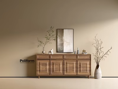 Poliform Wooden Entryway Side Cabinet On Beige Wall With Green Plant Vase And Dried Branches 3d model