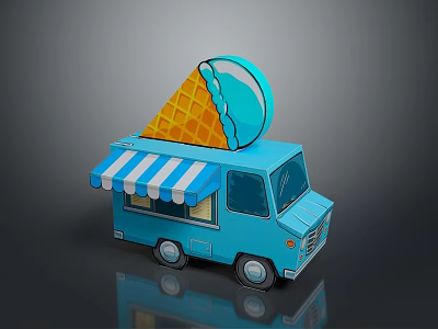 Blue Ice Cream Truck with Waffle Cone and Striped Awning Serving Cold Sweet Treats 3d model
