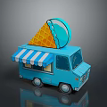 Blue Ice Cream Truck with Waffle Cone and Striped Awning Serving Cold Sweet Treats