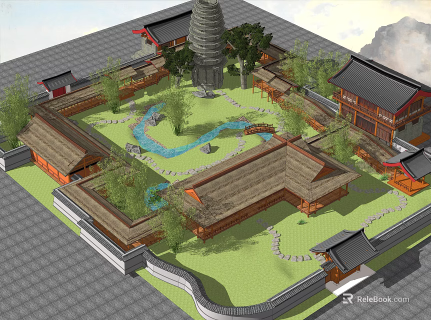 Ancient Architecture Complex With Traditional Courtyard Pagoda Pond And Greenery Layout 3d model 