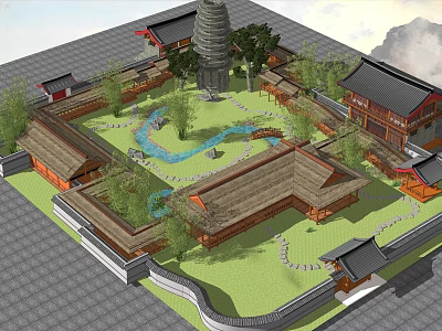 Ancient Architecture Complex With Traditional Courtyard Pagoda Pond And Greenery Layout 3d model