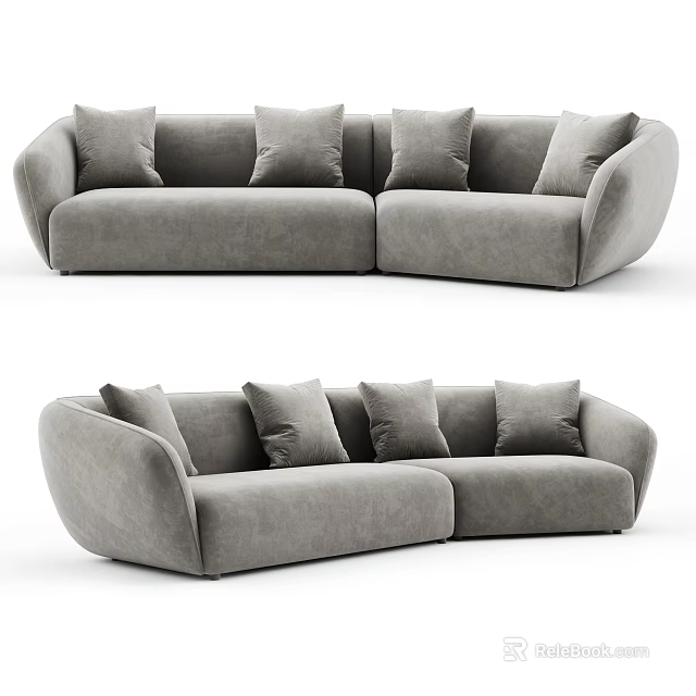 Modern Gray Velvet Sectional Sofa With Curved Design And Multiple Cushions 3d model