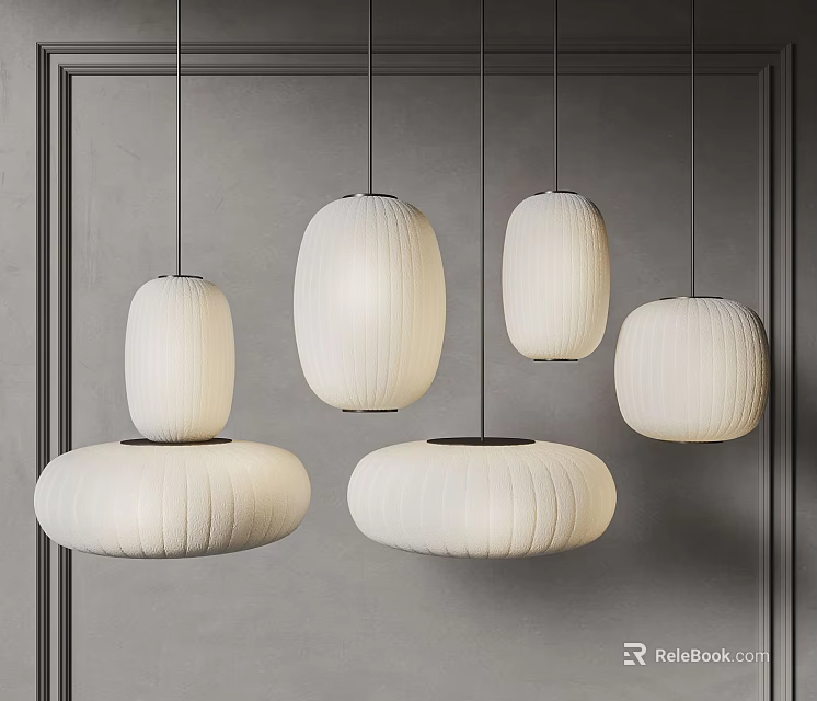Modern White Pendant Lights In Different Sizes With Round Shades Hanging Over Interior Space 3d model 