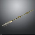 Golden Trident Weapon Design With Long Pole Circular Decorations And Three Pronged Head