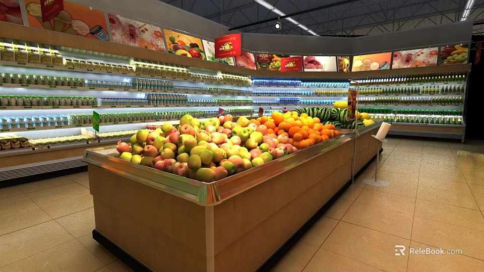 Supermarket Grocery Well Organized Fresh Fruits Display with Shelves and Products 3d model 