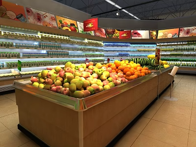 Supermarket Grocery Well Organized Fresh Fruits Display with Shelves and Products 3d model