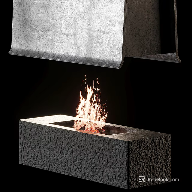Modern Indoor Textured Stone Fireplace With Sleek Design And Burning Flames 3d model 