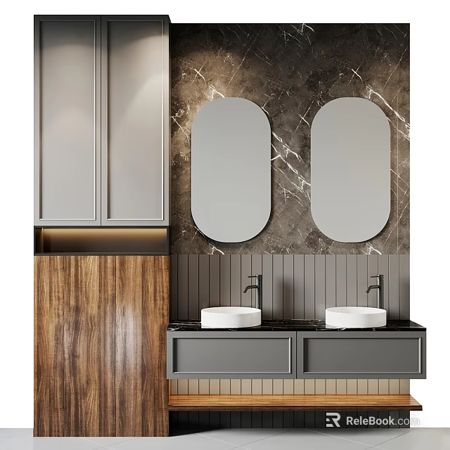 Modern Double Sink Vanity With Oval Mirrors And Marble Wall Design 3d model