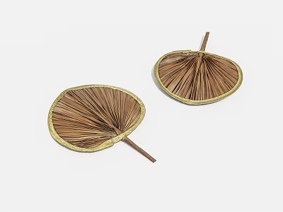 Two Brown Leaf Shaped Hand Fans With Golden Edges And Wooden Handles 3d model