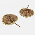 Two Brown Leaf Shaped Hand Fans With Golden Edges And Wooden Handles