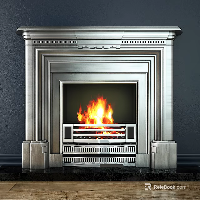 Elegant Modern Metal Fireplace Design With Bright Burning Flames And Dark Wall 3d model 