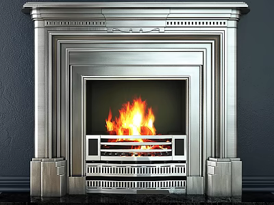 Elegant Modern Metal Fireplace Design With Bright Burning Flames And Dark Wall 3d model