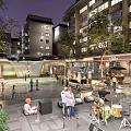 Evening Park Landscape with High Rise Buildings People Gathering Children Playing Trees and Illuminated Plaza Area
