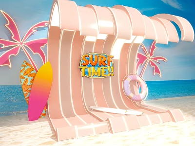 Pink Canopy Beach Photo Check-in Spot With Surfboard Life Ring And Palm Trees 3d model