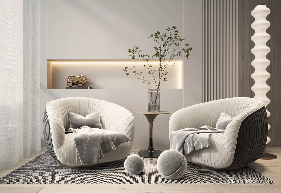 White Round Armrest Casual Sofa Set With Pillows Throw Blanket Side Table And Green Plant 3d model 