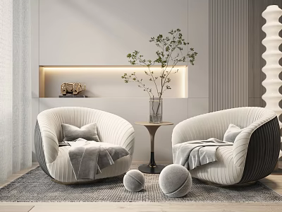 White Round Armrest Casual Sofa Set With Pillows Throw Blanket Side Table And Green Plant 3d model