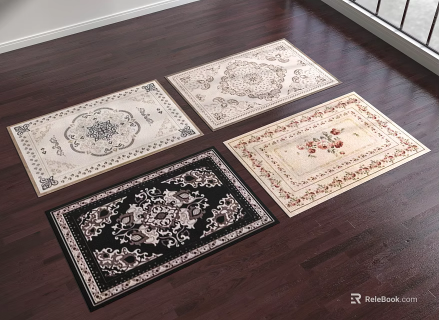 Square Rugs With Various Patterns On Dark Wood Floor 3d model