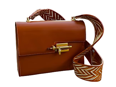 Brown Leather Bag with Gold Lock Closure and Herringbone Pattern Shoulder Strap 3d model