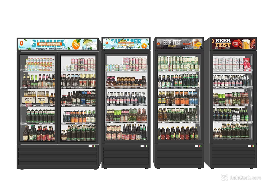 Four Commercial Upright Display Refrigerators Stocked With Various Cold Beverages 3d model 