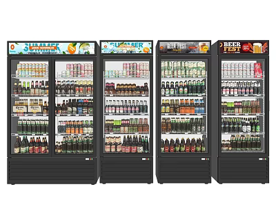 Four Commercial Upright Display Refrigerators Stocked With Various Cold Beverages 3d model