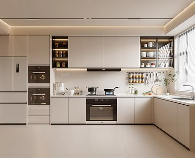 Modern Kitchen Interior With Light Colored Cabinets Countertop Appliances Shelves And Natural Light 3d model