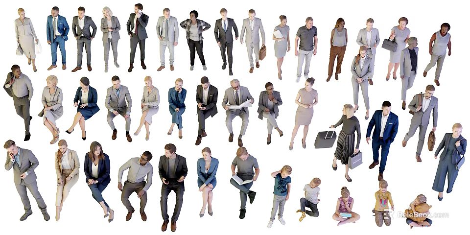 Group of Diverse People in Various Poses Standing Sitting and Interacting in Casual Formal Wear 3d model 