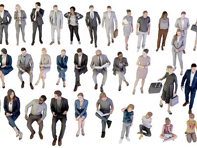 Group of Diverse People in Various Poses Standing Sitting and Interacting in Casual Formal Wear 3d model