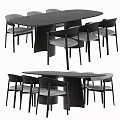 Modern Dark Wood Oval Dining Table Set With Six Gray Upholstered Chairs 3d model