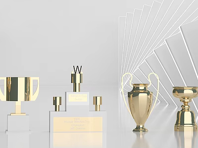Golden Trophies and Medals Display with Shiny Bases and Elegant Award Designs 3d model