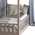 Wooden House Shaped Children's Bed with Gray Curtains Star Decorations and Pillows