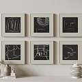Minimalist Wall Decor Featuring Six Black White Line Artworks In White Frames With Shelf Decorations 3d model