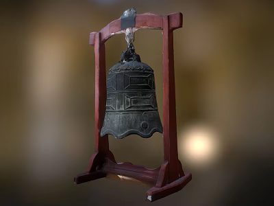Traditional Decorative Ornament Set With Bronze Bell And Red Wooden Stand 3d model