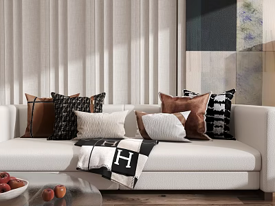 Stylish Throw Pillows in Brown Beige and Checkered Pattern on White Sofa with Blanket in Living Room 3d model