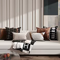 Stylish Throw Pillows in Brown Beige and Checkered Pattern on White Sofa with Blanket in Living Room