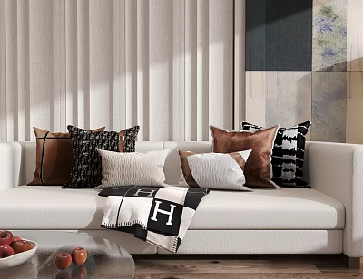 Stylish Throw Pillows in Brown Beige and Checkered Pattern on White Sofa with Blanket in Living Room 3d model