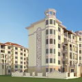 Modern Residential Buildings With Clock Tower Red Roof Waterfront Green Lawn And Stone Railings