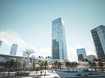 Modern Commercial Street With Tall Glass Buildings Pedestrians And Urban Greenery 3d model