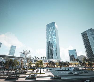 Modern Commercial Street With Tall Glass Buildings Pedestrians And Urban Greenery 3d model