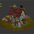 Charming Rural Cottage Landscape With Red Tiled Roof Chimney Bench Wooden Barrels And Small Flowers