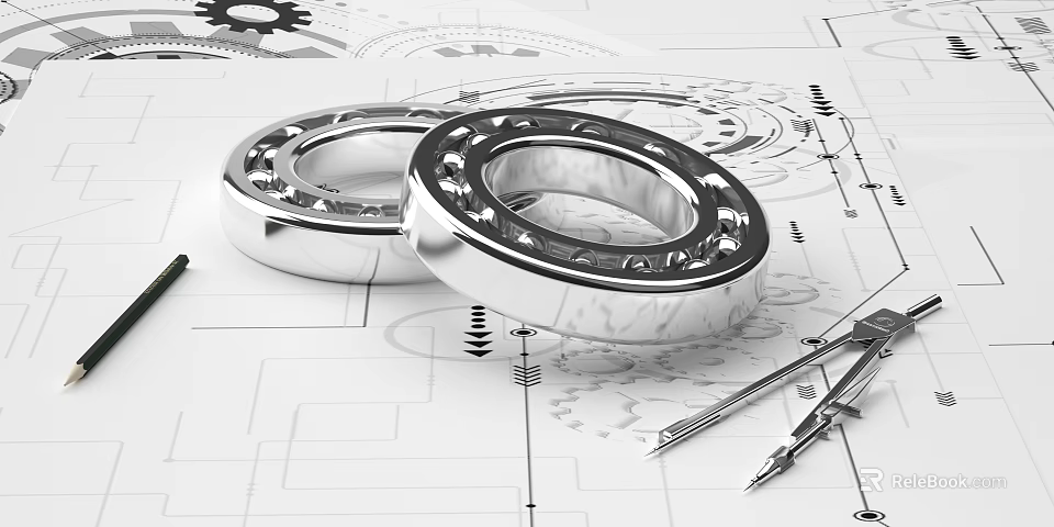 Industrial Equipment Bearings on Technical Drawings with Drafting Tools and Compasses 3d model 