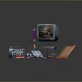 Vintage Laptop Setup With Retro TV Radio Game Controller Pizza And Sneakers On Circular Rug
