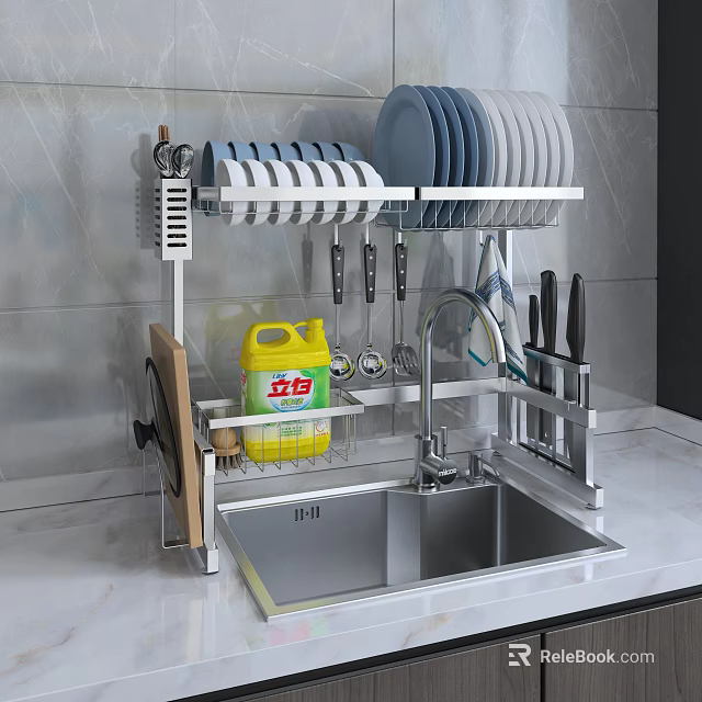 Kitchen Utensil Organizer Rack Over Sink With Plates Knives Cutting Board And Dish Soap 3d model 
