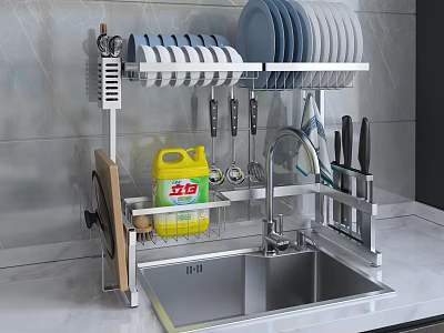 Kitchen Utensil Organizer Rack Over Sink With Plates Knives Cutting Board And Dish Soap 3d model