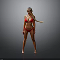 Woman In Red Bikini With Long Blonde Braid Standing Against Gray Background