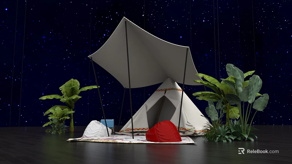 Cozy Outdoor Tent Scene With Starry Night Sky And Lush Green Plants 3d model 