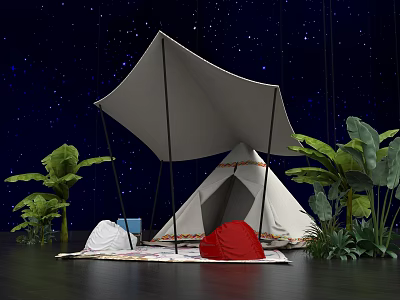 Cozy Outdoor Tent Scene With Starry Night Sky And Lush Green Plants 3d model