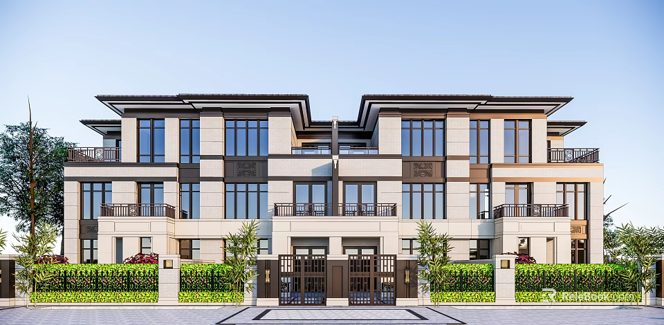 Modern Duplex Villa Exterior With Symmetrical Design And Large Windows 3d model