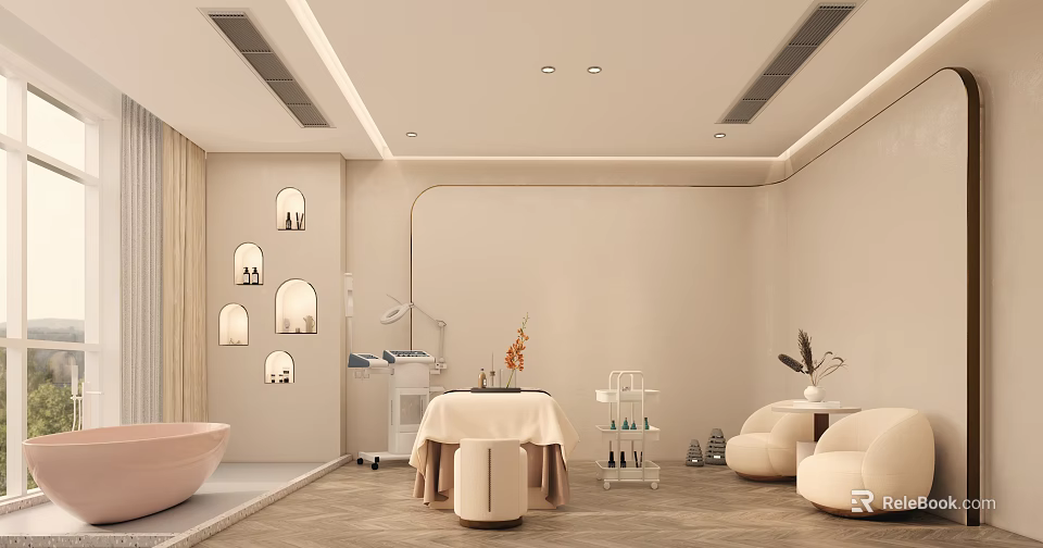 Elegant Luxury Beauty Salon Interior With Treatment Bed And Styling Chairs 3d model 