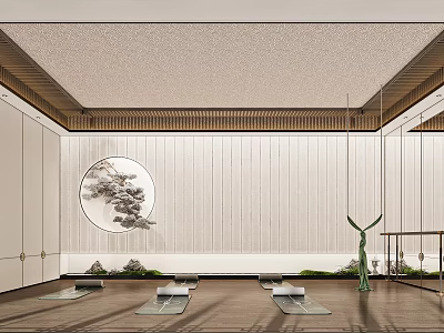 Modern Yoga Studio Interior With Yoga Mats Round Decorative Painting And Hanging Plants 3d model